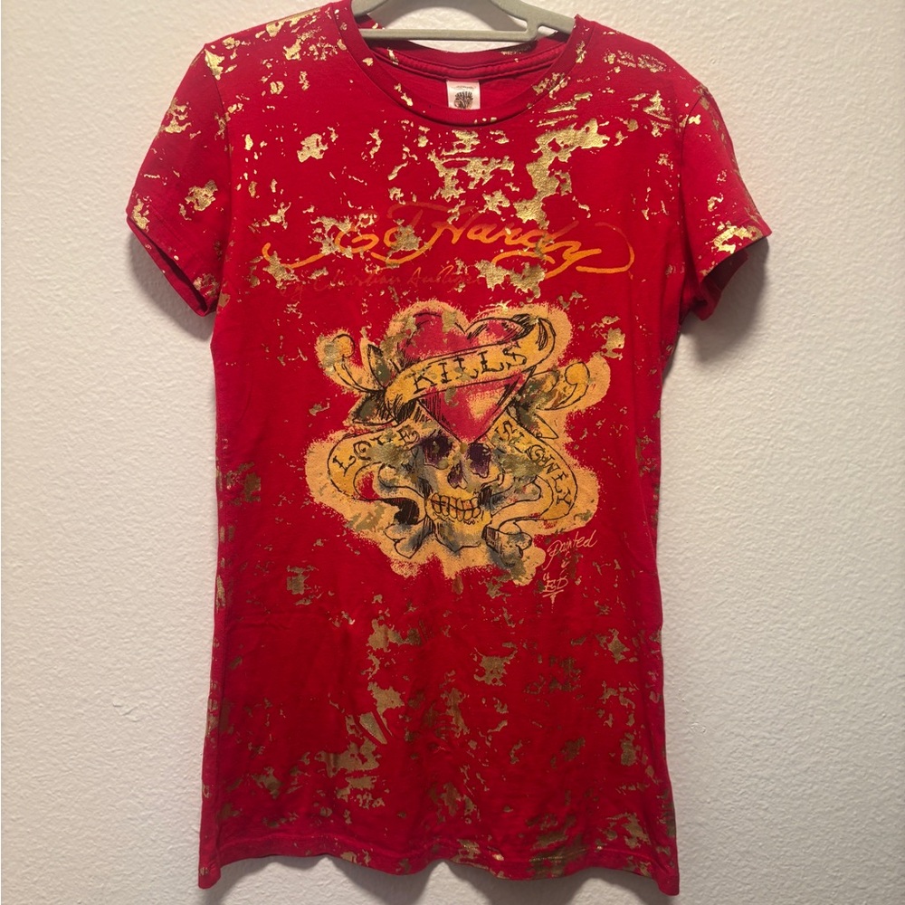 Ed Hardy Vintage Red & Gold Splatter Graphic T-Shirt Love Kills Slowly